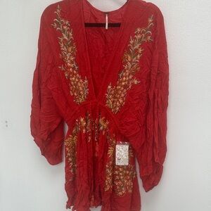 Free People Red Mini Dress with Gold Embroidery